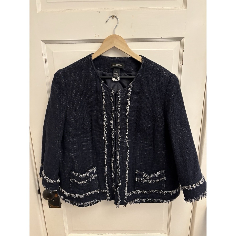 Lane Bryant Women's Navy Linen Cotton Jacket Fringe 3/4 Sleeve Lined Size 24